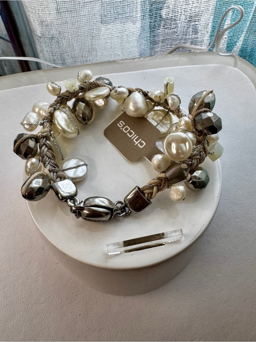Chico's Braided Pearl and Hematite Charm Bracelet - Ivory & Gunmeta 266l